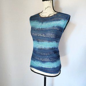 NWoT BEATRICE Made in Italy Crochet Sleeveless Top Cotton Blend Blue Stripe